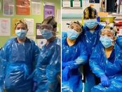 Trei asistente s-au fotografiat echipate cu saci de gunoi clinici