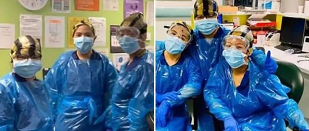 Trei asistente s-au fotografiat echipate cu saci de gunoi clinici