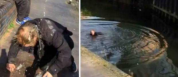 Unui om al străzii doi huligani i-au turnat bere pe cap apoi l-au împins într-un canal